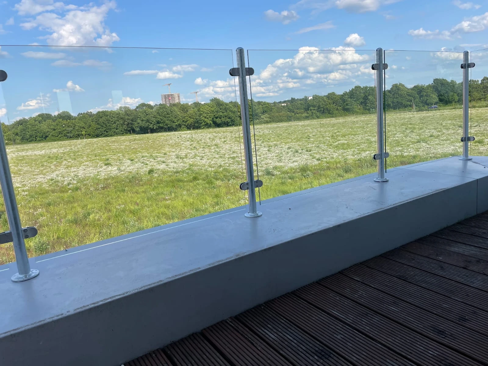 Glasgeländer mit Edelstahlpfosten auf Holzterrasse mit Blick auf grüne Wiese